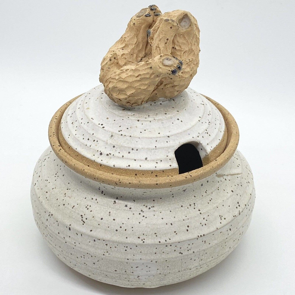 Vintage Art Pottery Bear Honey Pot Bowl Jar Lid Dipper Signed BK Betty Kendall - Picture 3 of 16
